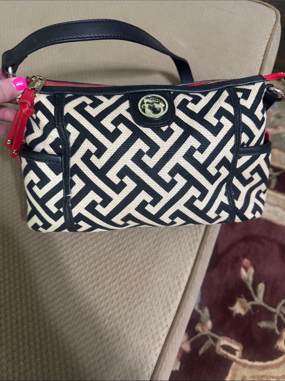 Spartina 449 Black and Cream Geometric Crossbody with Red Trim. - Picture 2 of 6
